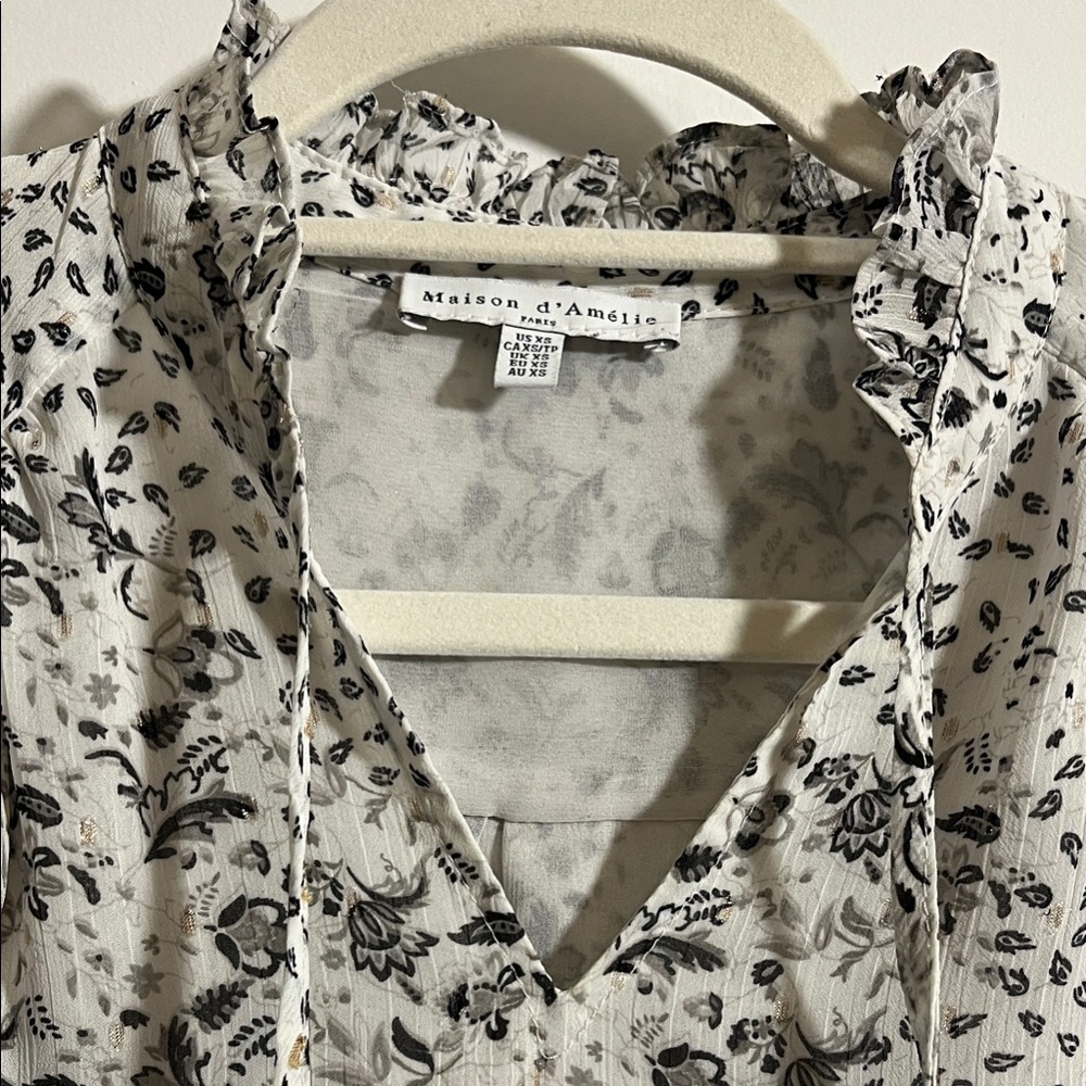 Maison d'Amélie floral print tie-neck blouse in black and white